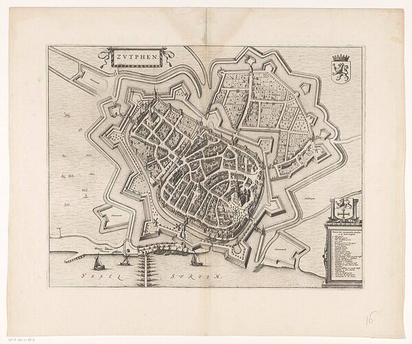 Museumkwaliteit reproductie van de oude kaart Zutphen 1652, plattegrond van de Hanzestad aan de IJssel door Joan Blaeu.