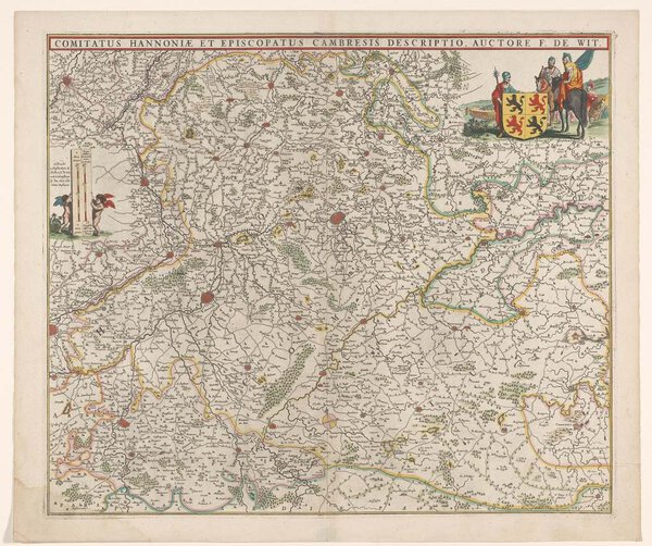 Museumkwaliteit reproductie van de oude kaart Henegouwen Kamerijk 1666, het graafschap Henegouwen en het aartsbisdom Kamerijk.