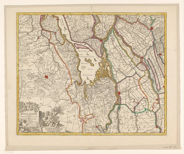 Museumkwaliteit reproductie van de oude kaart Zuid-Holland 1688 van Nicolaes Visscher, met de Biesbosch en Dordrecht.