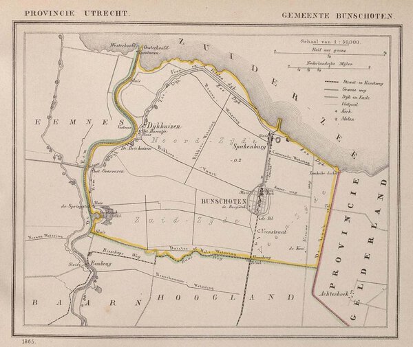 Museumkwaliteit reproductie van de oude kaart Bunschoten 1866 met Spakenburg en Eemdijk, uit de Gemeente-atlas van Jacob Kuyper.