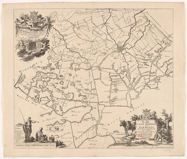 Museumkwaliteit reproductie van de oude kaart Wymbritseradeel 1698 met Sneek, IJlst en het Heegermeer door Schotanus à Sterringa.