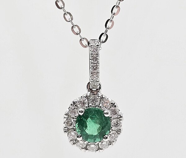 18k .32ct Emerald with .17ctw Diamond Halo Necklace