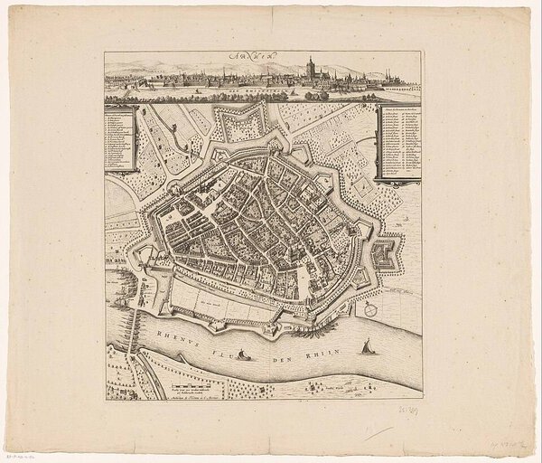 Museumkwaliteit reproductie van de oude kaart Arnhem 1657 met plattegrond en stadsgezicht, naar Johannes Janssonius.