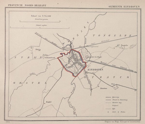 Museumkwaliteit reproductie van de oude kaart Eindhoven 1866: de gemeentekaart van Eindhoven uit de Gemeente-atlas van Jacob Kuyper.