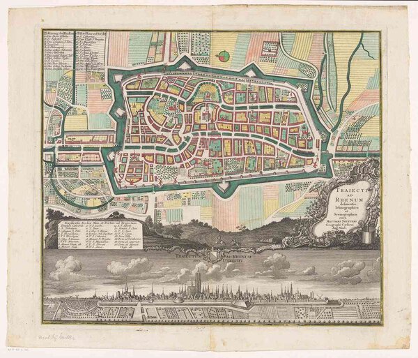 Museumkwaliteit reproductie van de oude kaart Utrecht 1731 met plattegrond en stadsgezicht, uitgegeven door Matthaeus Seutter.