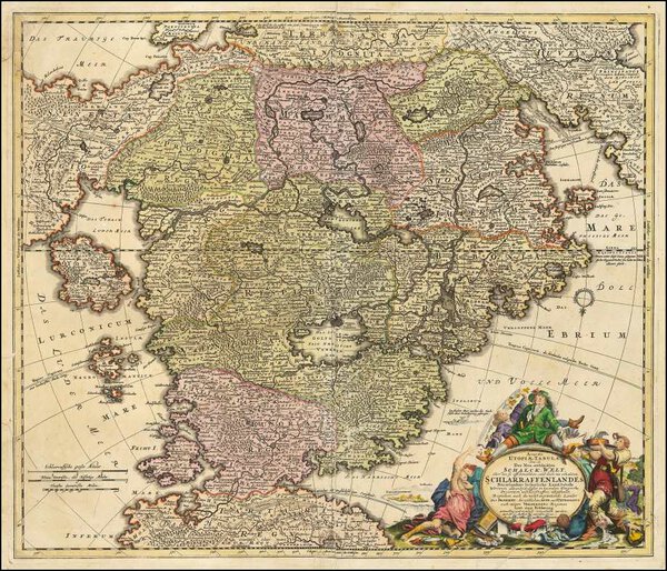 Museumkwaliteit reproductie van de oude kaart Schlaraffenland 1725, de spotkaart van het luilekkerland, uitgegeven door Homann.