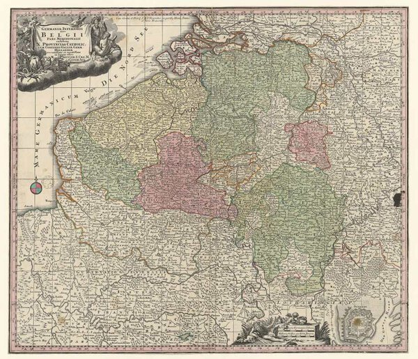Museumkwaliteit reproductie van de oude kaart Zuidelijke Nederlanden 1757 met grote titelcartouche, door Matthäus Seutter.