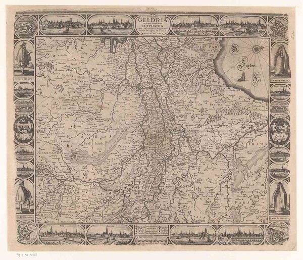 Museumkwaliteit reproductie van de oude kaart Gelderland 1634 met stadsgezichten in de rand, door Abraham Goos.