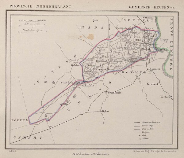 Museumkwaliteit reproductie van de oude kaart Beugen 1865: de gemeentekaart van Beugen uit de Gemeente-atlas van Jacob Kuyper.