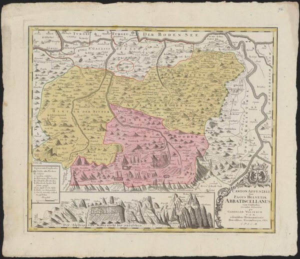 Museumkwaliteit reproductie van de oude kaart Kanton Appenzell 1768, een gegraveerde en ingekleurde kaart van het kanton Appenzell door de Homann Erben.