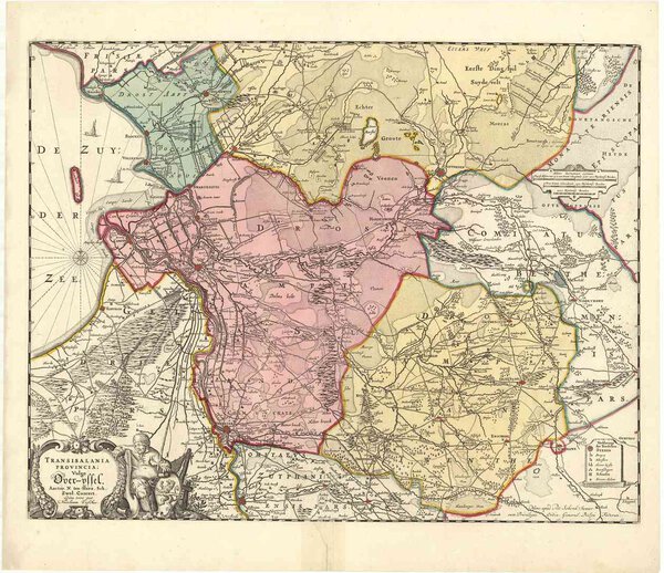 Museumkwaliteit reproductie van de oude kaart Overijssel 1750 met Twente en Salland, uitgegeven door Petrus Schenk.