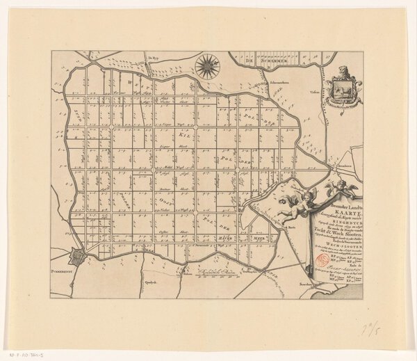 Museumkwaliteit reproductie van de oude kaart Beemster 1696 met de hoogte van de ringdijk en het wapen van de Beemster.