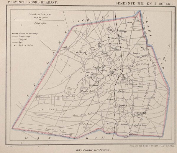 Museumkwaliteit reproductie van de oude kaart Mill en Sint Hubert 1865 uit de Gemeente-atlas van Jacob Kuyper.