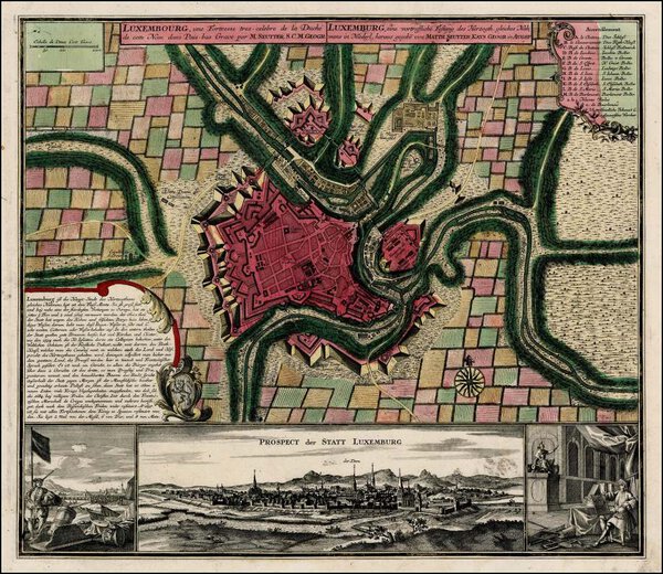 Museumkwaliteit reproductie van de oude kaart Luxemburg 1730, een plattegrond van de vestingstad Luxemburg door Matthäus Seutter.