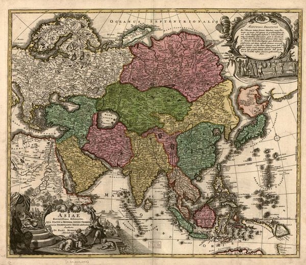 Museumkwaliteit reproductie van de oude kaart Azië 1700 Homann, met de rijken van het oosten en Oost-Indië.