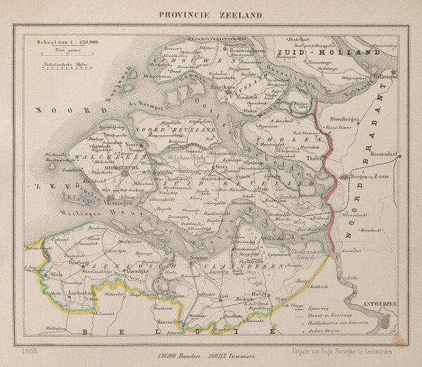 Museumkwaliteit reproductie van de oude kaart Zeeland 1866, de hele provincie, uit de Gemeente-atlas van Jacob Kuyper.