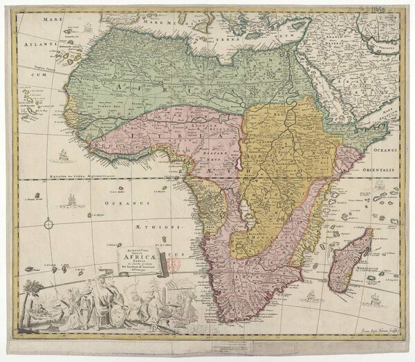 Museumkwaliteit reproductie van de oude kaart Afrika 1650 van Jacob von Sandrart, gegraveerd door Johann Baptist Homann.