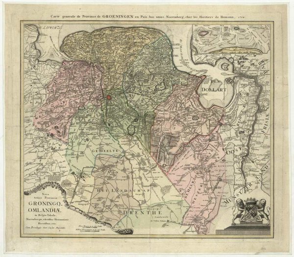 Museumkwaliteit reproductie van de oude kaart provincie Groningen 1767, een gedrukte kaart van Groningen met Franse en Latijnse titel.