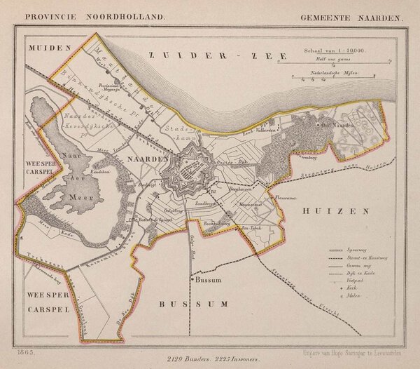 Museumkwaliteit reproductie van de oude kaart Naarden 1865 uit de Gemeente-atlas van Nederland van Jacob Kuyper.