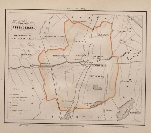 Museumkwaliteit reproductie van de oude kaart Appingedam 1862, een ingekleurd gemeenteblad van Fehse.
