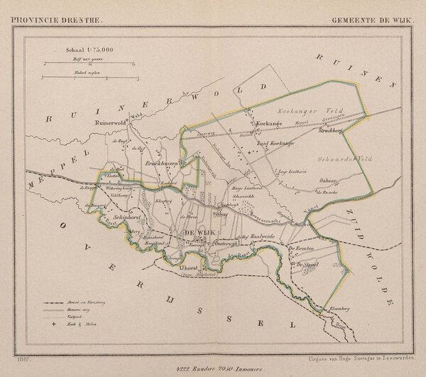 Museumkwaliteit reproductie van de oude kaart De Wijk 1867 van Jacob Kuyper, met Koekange, Rogat en De Schiphorst.