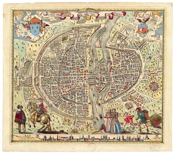 Museumkwaliteit reproductie van de oude kaart Parijs 1576, het vrai pourtraict naturel van de stad, met de naam Rossignol.
