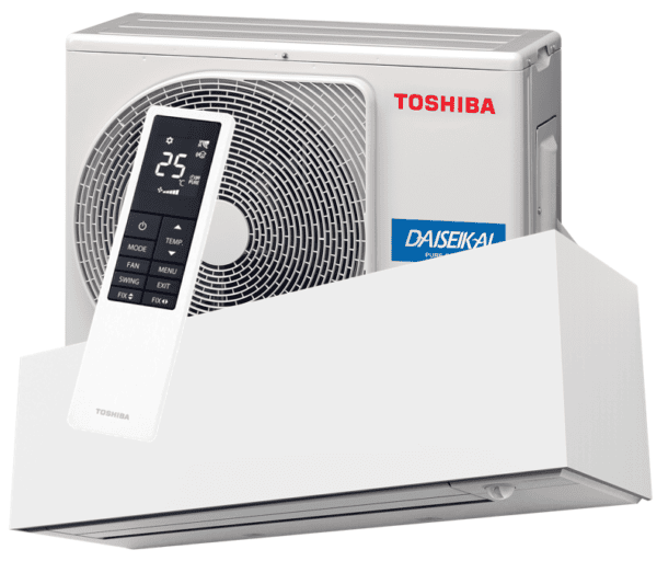 Toshiba Daiseikai 10 luftvärmepump monterad på vägg i Västerås