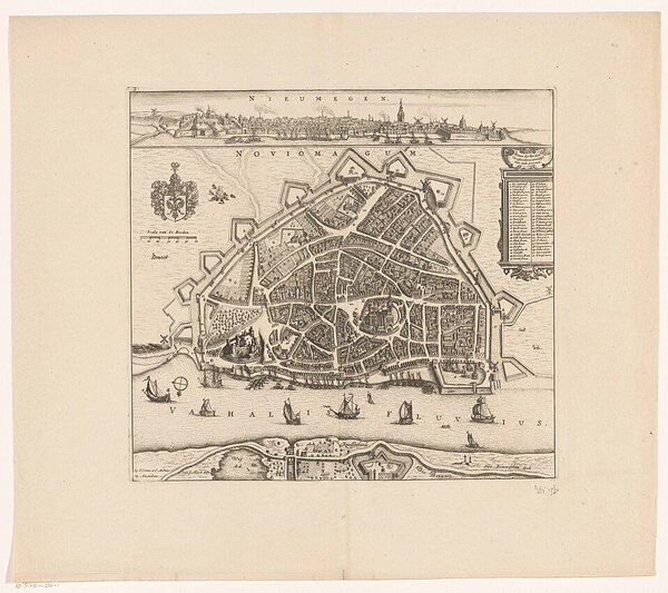 Museumkwaliteit reproductie van de oude kaart Nijmegen 1657 met plattegrond en stadsgezicht van Nieumegen.