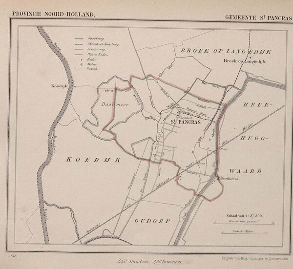 Museumkwaliteit reproductie van de oude kaart Sint Pancras 1866 bij Alkmaar, uit de Gemeente-atlas van Jacob Kuyper.