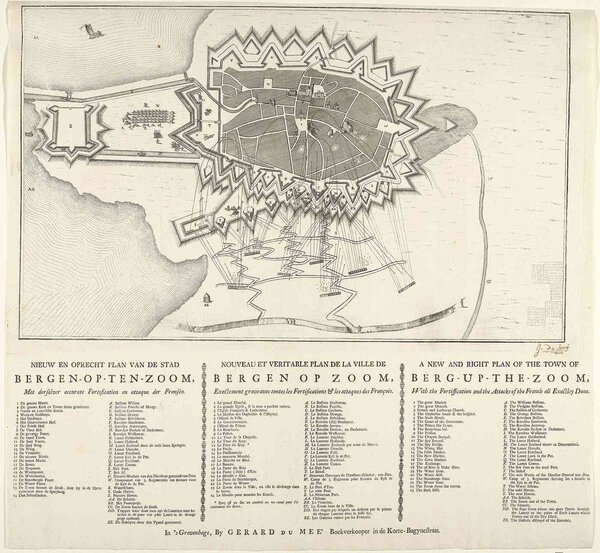 Museumkwaliteit reproductie van de oude kaart Bergen op Zoom 1747 met het Franse beleg, uitgegeven door Gerard Du Mee.