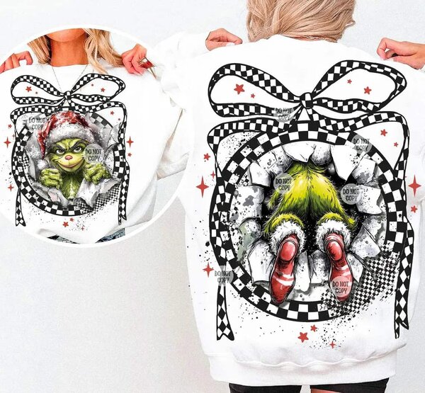 Grinch Wrapped in Bow Black & White Check Gift Box Christmas Back & Front Design