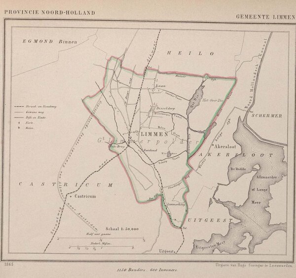 Museumkwaliteit reproductie van de oude kaart Limmen 1866 uit de Gemeente-atlas van Nederland van Jacob Kuyper.