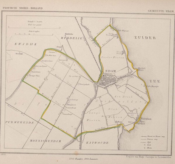 Museumkwaliteit reproductie van de oude kaart Edam 1866, een gemeenteblad uit de atlas van Jacob Kuyper.