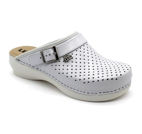 Leon Damenlederclogs PU 101 weiß Wh – Naturleder Damenclogs mit PU-Sohle