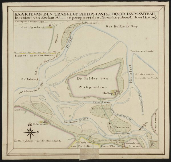 Museumkwaliteit reproductie van de oude kaart Tholen 1744 met het noordelijk deel van Tholen en Philipsland en de tragel.