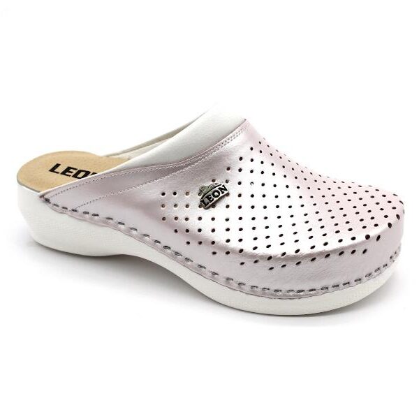 Leon Damen Lederclogs Modell PU100 in Pearl – anatomische, bequeme Berufsschuhe aus Leder