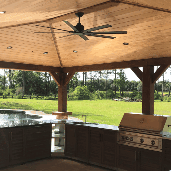 Outdoor kitchen electrical wire up in St Augustine. Installed recessed lighting, a ceiling fan and outlets in the cabinets.