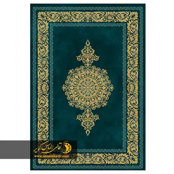 فرش ورساچه سبز آبی با حاشیه طلایی 25CN0150