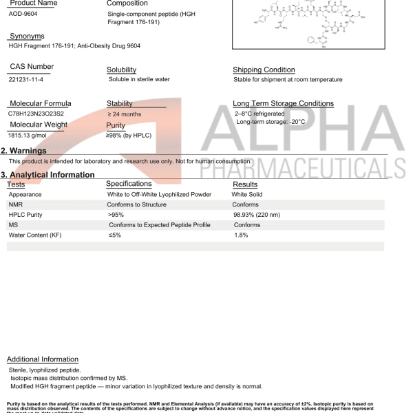 AOD-9604 5mg certificate of analysis showing 98.93 percent purity verified through third-party laboratory testing
