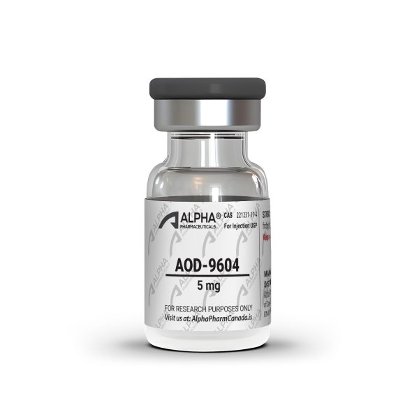 AOD-9604 5 mg injectable vial front label with Alpha Pharmaceuticals branding and research use designation