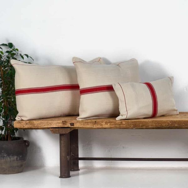Antique red striped linen cushion