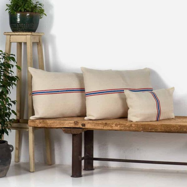 Antique red and blue striped linen cushion