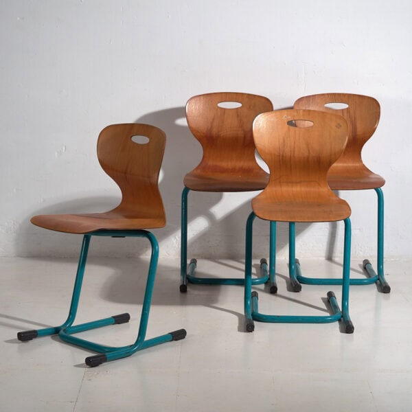 Vintage turquoise blue school chairs (c.1950). Set of 4 chairs