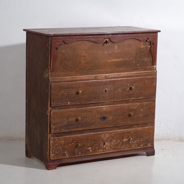 Cómoda secreter antigua de pino – Bureau rústico europeo con tapa abatible – circa 1900