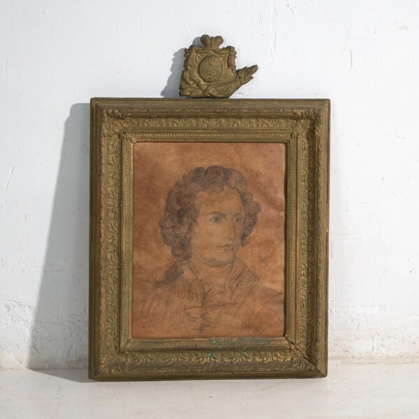 Retrato antiguo a lápiz en marco dorado – Europa central, circa 1840