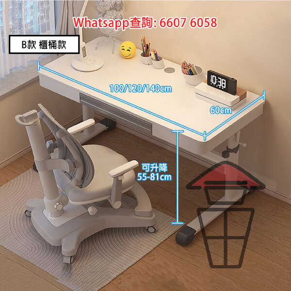 DK66 可升降 B款 櫃桶款 白色兒童學習書桌+書架+椅子 套裝 Height-Adjustable Children Desk Set