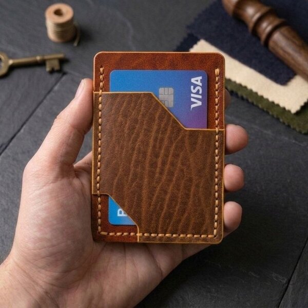 porte-cartes en cuir fait main - noisette fabriqué en France - Brocard Leather Goods