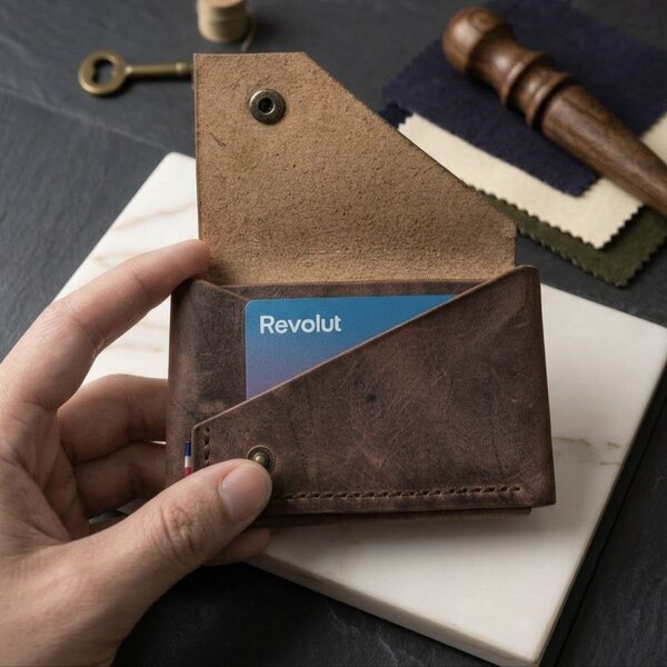 portefeuille compact fabrication artisanale française - en cuir italien marron vieilli - fait main - fabriqué en France - Brocard Leather Goods