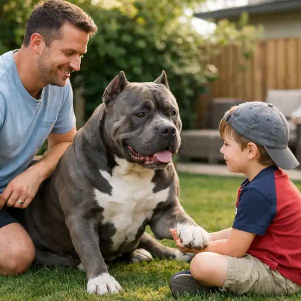 American Bully XXL sociable en famille, chien calme avec humain, éducation et tempérament équilibré.