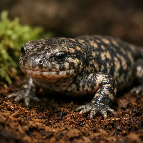 Axolotl terrestre adulte avec peau tachetée et paupières visibles, posé sur substrat humide de tourbe dans terrarium naturel.